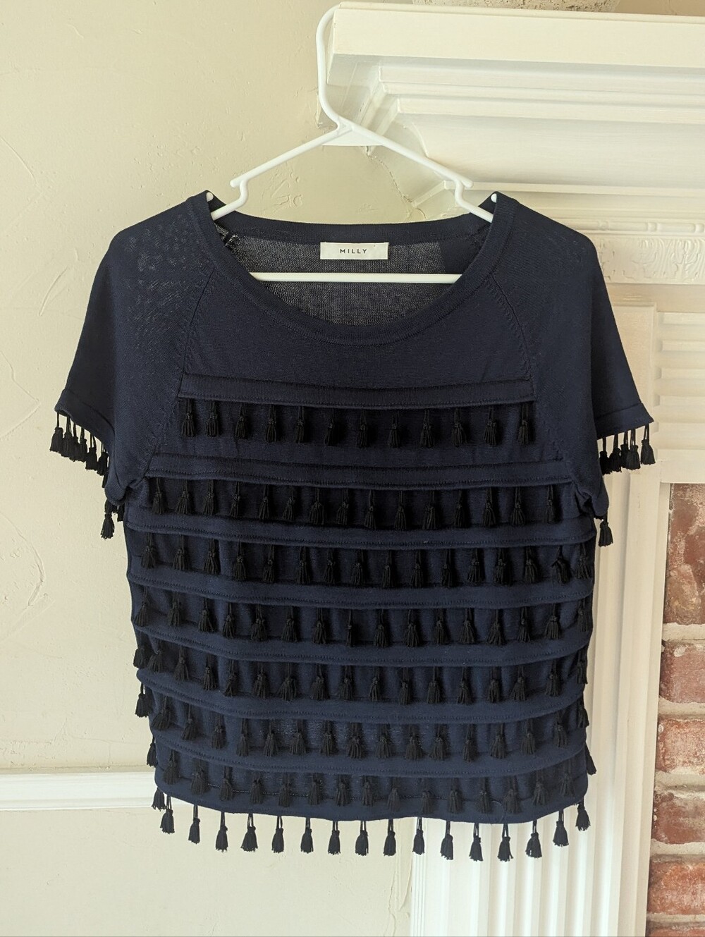 Milly | Silk Blend Navy Short Sleeve Tassel-Trim Knit Top
